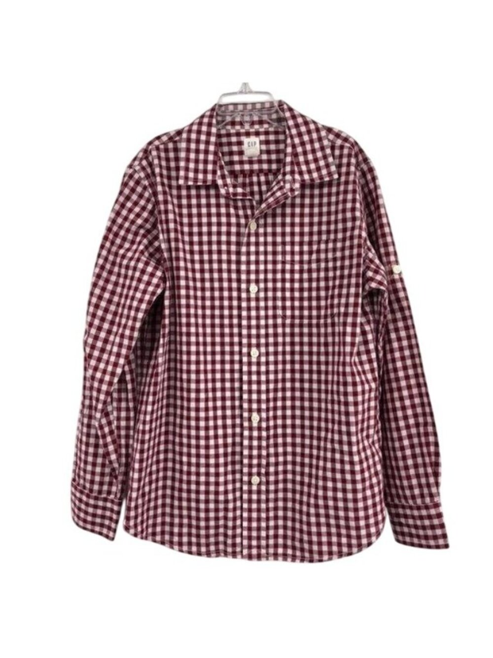 Gap Kids Boys L 10 Burgundy Gingham Button Front Shirt Long Sleeve Cotton
